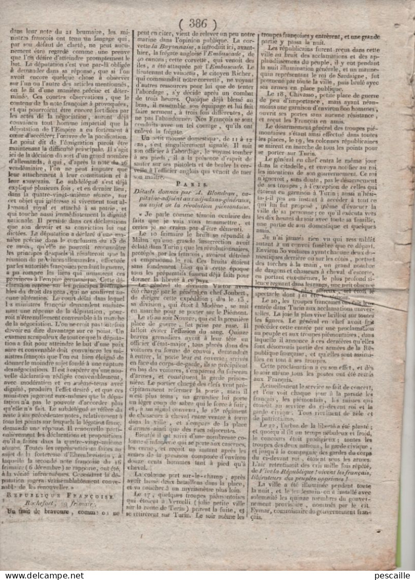 GAZETTE DE FRANCE 7 NIVOSE AN 7 - POLOGNE - SAXE - RASTATT - REVOLUTION PIEMONTAISE - BREMEN - ROCHEFORT - BERNAY - - Zeitungen - Vor 1800