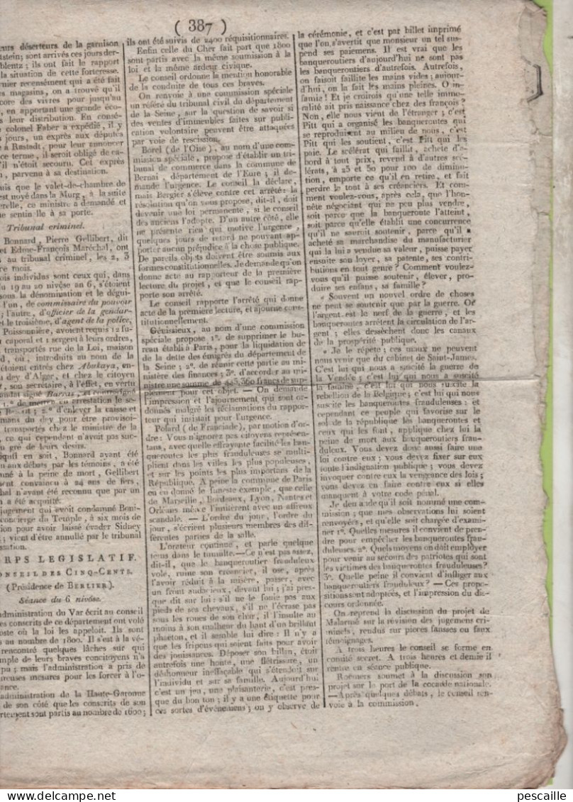 GAZETTE DE FRANCE 7 NIVOSE AN 7 - POLOGNE - SAXE - RASTATT - REVOLUTION PIEMONTAISE - BREMEN - ROCHEFORT - BERNAY - - Zeitungen - Vor 1800