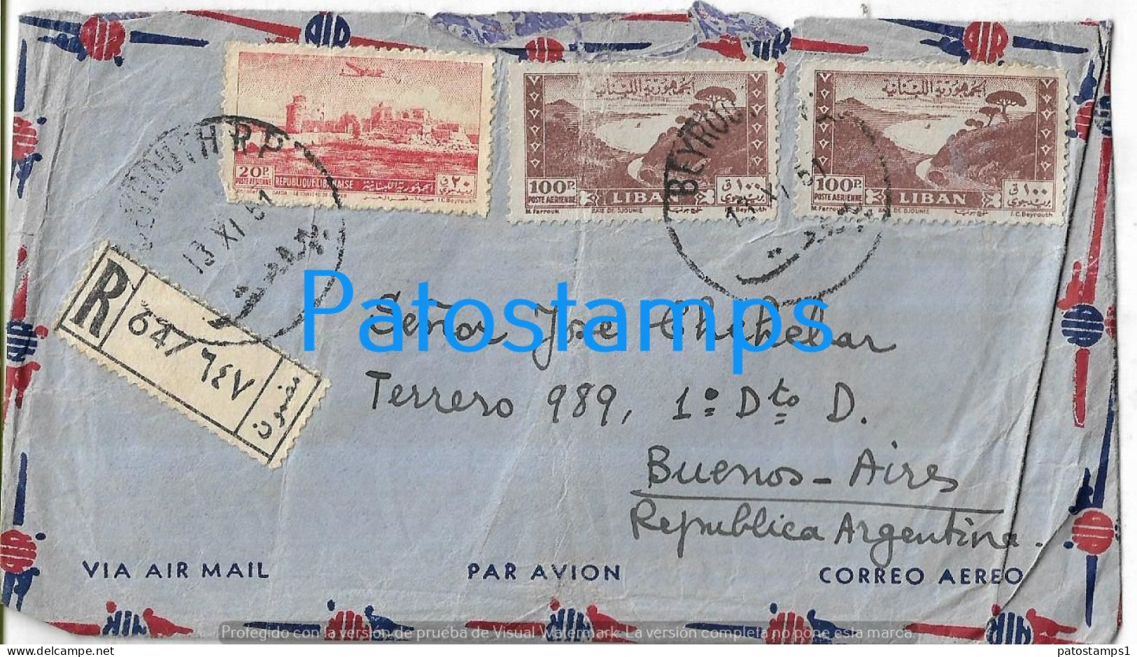 219734 LEBANON BEYROUTH COVER CANCEL YEAR 1951 REGISTERED CIRCULATED TO ARGENTINA NO POSTAL POSTCARD - Lebanon