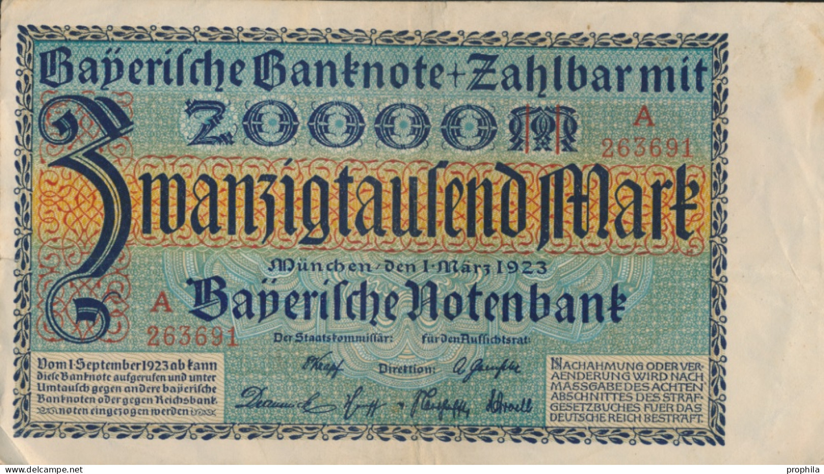 Bayern Rosenbg: BAY7a Länderbanknote Bayern Gebraucht (III) 1923 20.000 Mark (10288504 - 20000 Mark