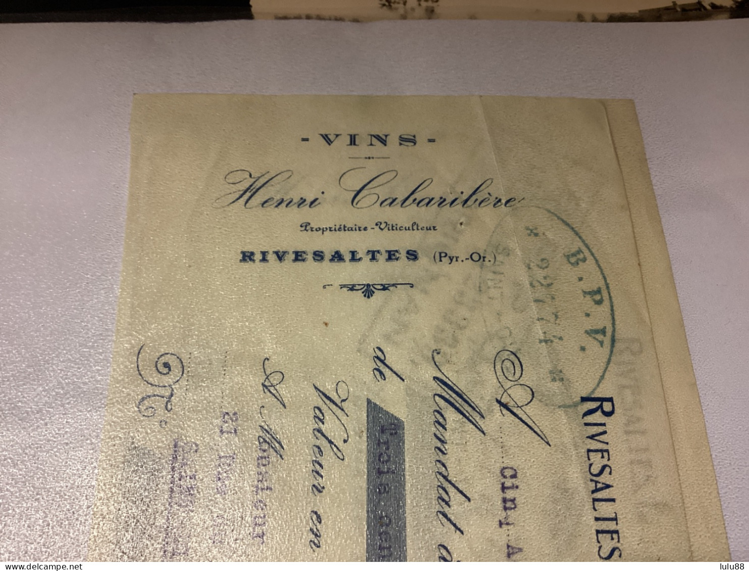 RIVESALTES. Traite. Vins CABARIBERE. Année 1933 - Rivesaltes