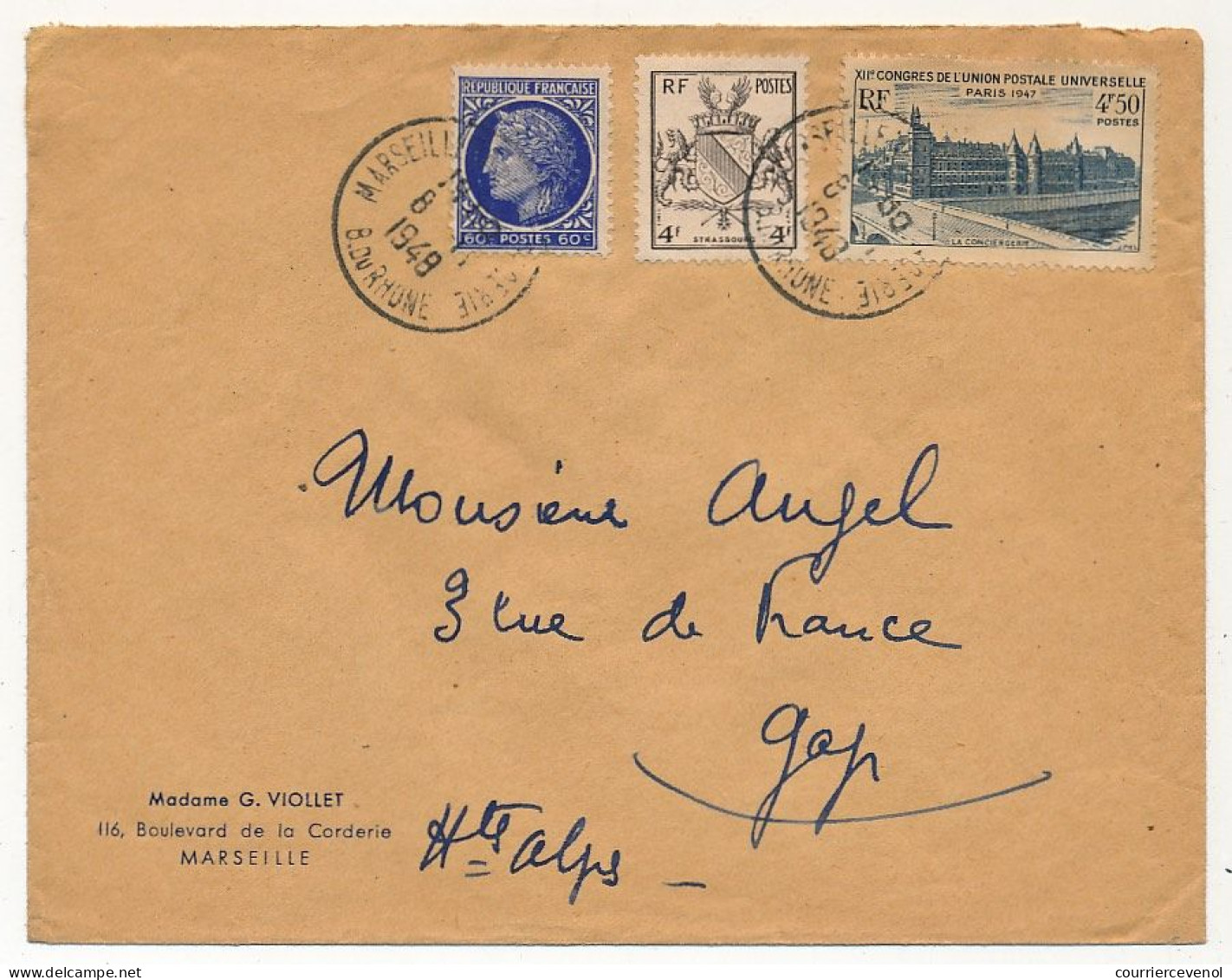 FRANCE - Env. Affr. Composé 4,50F UPU + 4F Strasbourg + 60c Cérès - Marseille 1949 - Covers & Documents