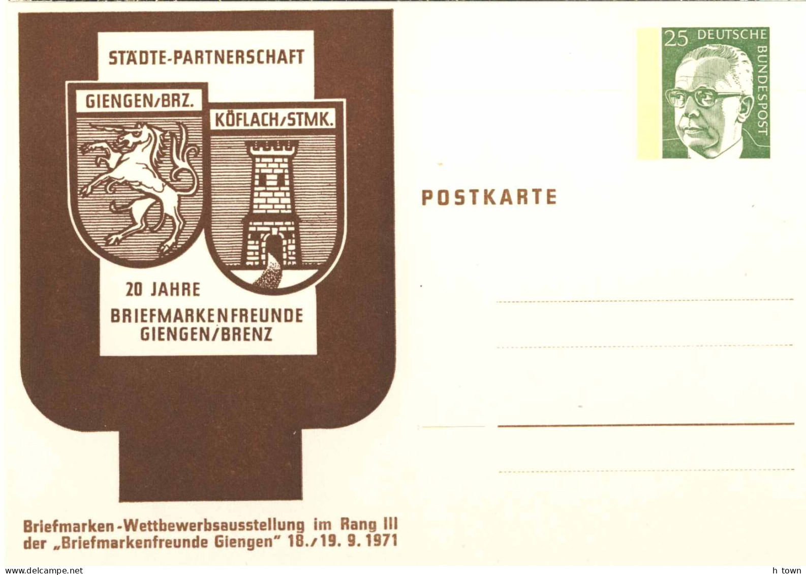 516  Licorne: Entier (c.p.) D'Allemagne, 1971 - Unicorn In Coat Of Arms Of Giengen. Twinned Köflach/Steiermark - Mitología