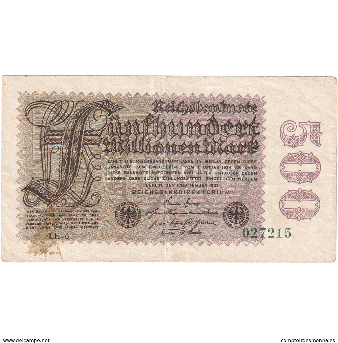 Allemagne, 500 Millionen Mark, 1923, 1923-09-01, KM:110a, TB - 500 Miljoen Mark