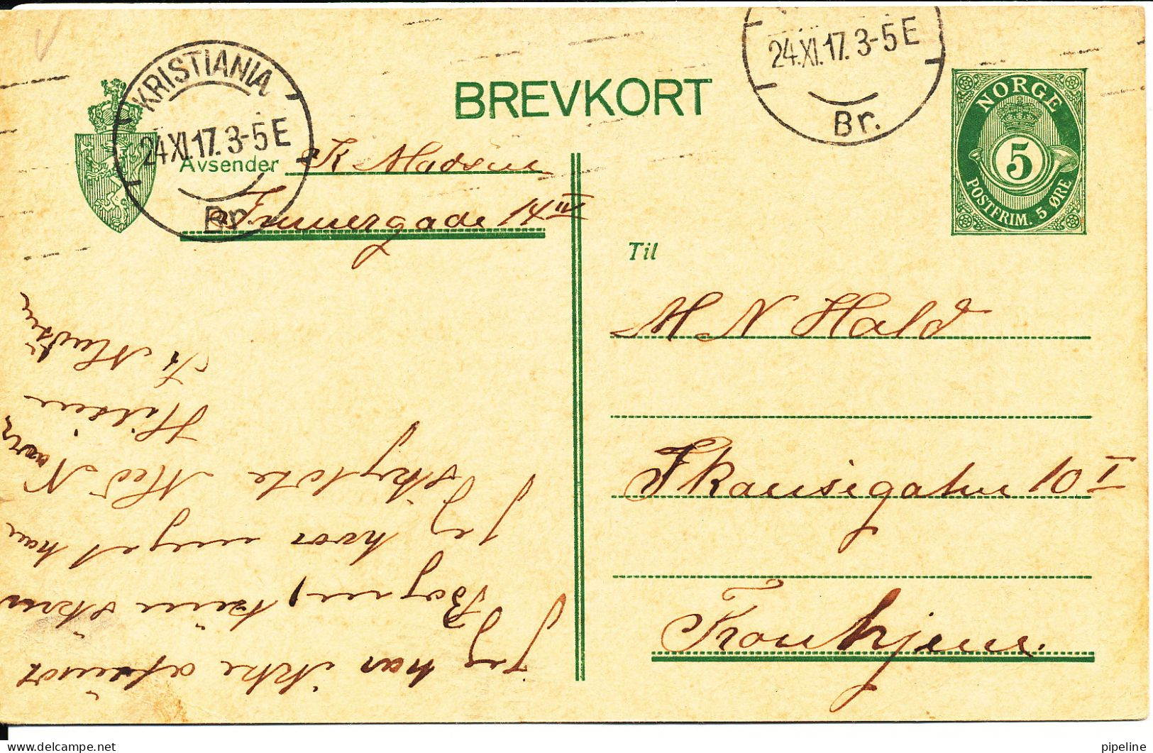 Norway Postal Stationery Lettercard Sent To Denmark Kristiania 24-11-1917 - Ganzsachen