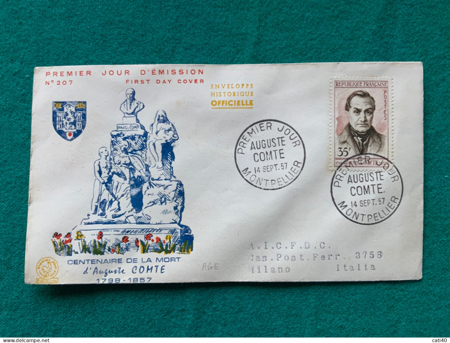 FRANCIA - CENTENAIRE DE LA MORT D'AUGUSTE CONTE  - FDC 1957 - Storia Postale