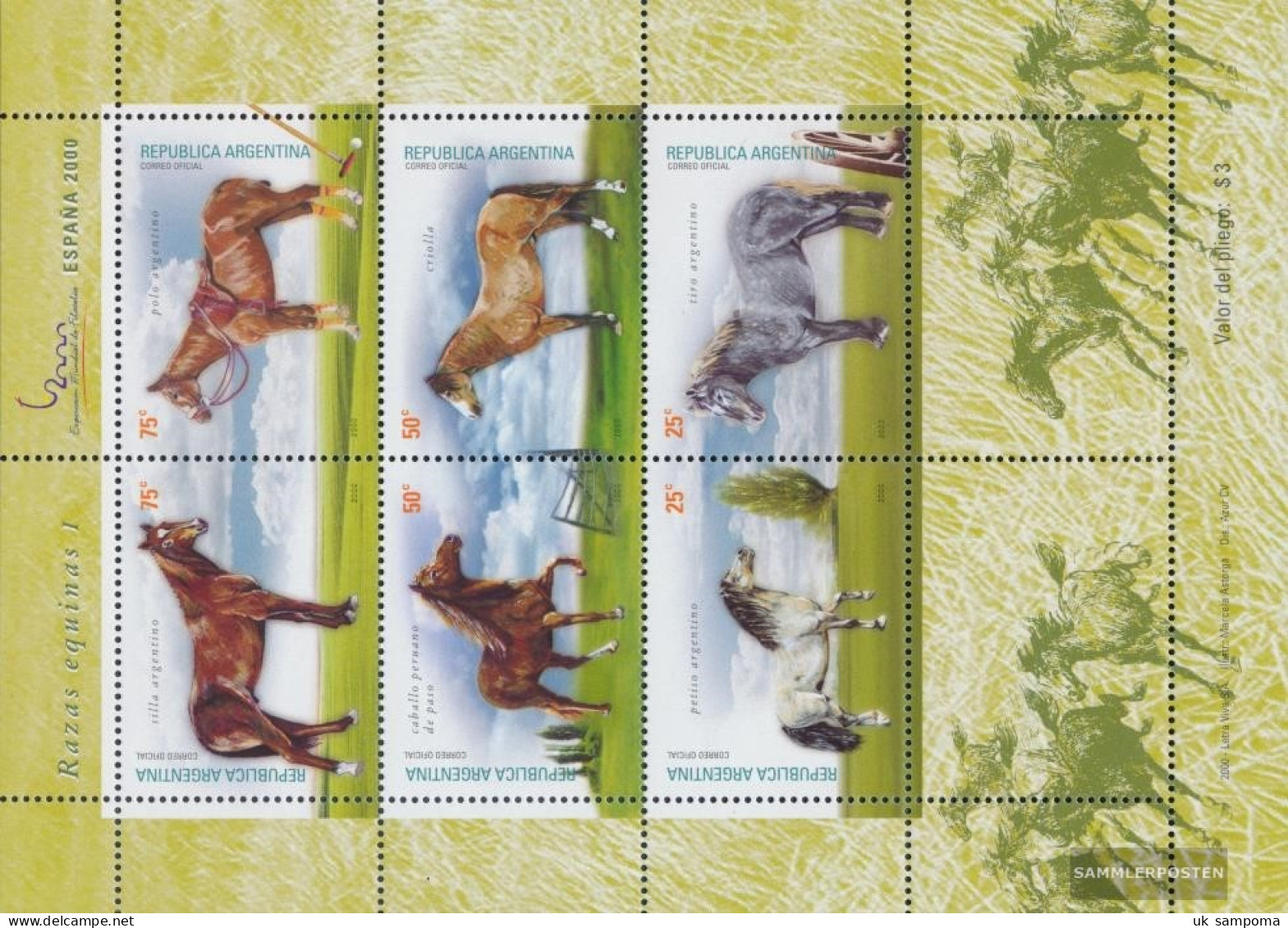 Argentina 2607-2612 Sheetlet (complete Issue) Unmounted Mint / Never Hinged 2000 Horses - Nuevos