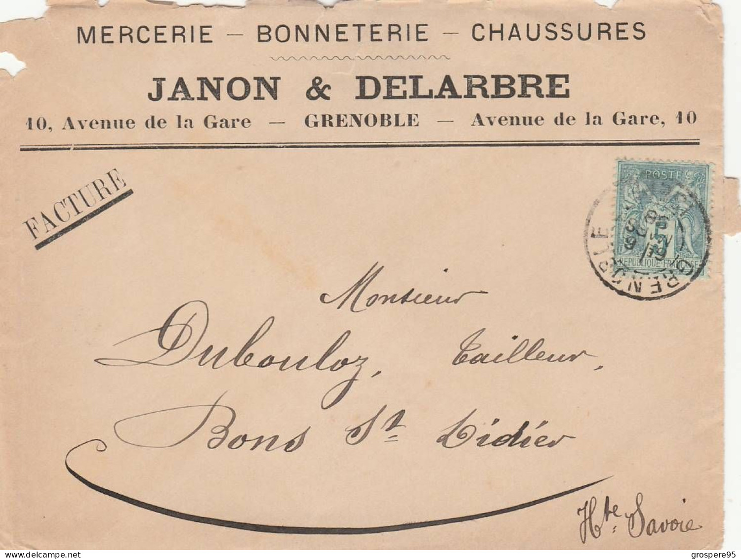 GRENOBLE MERCERIE QUINCAILLERIE BONNETERIE CHAUSSURE FACTURE 1898 + ENVELOPPE AVEC TIMBRE RARE - 1800 – 1899