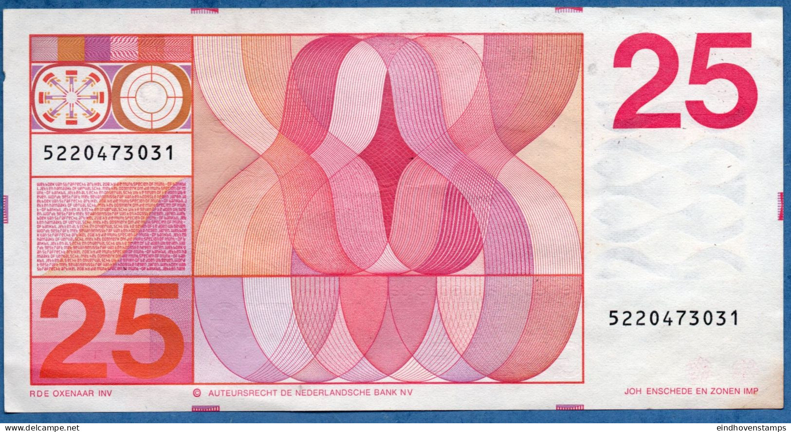 Nederland, Netherlands Type 1971 Fl 25 ,Sweelinck Composer - Componist Sereis 5220 Some Light Wrinkles - 25 Florín Holandés (gulden)