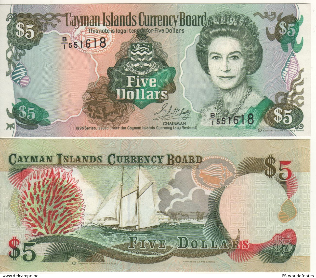 CAYMAN 5 Dollars  P17a  Dated 1996   ( Queen Elizabeth II  - Sail Ship At Back ) - Isole Caiman