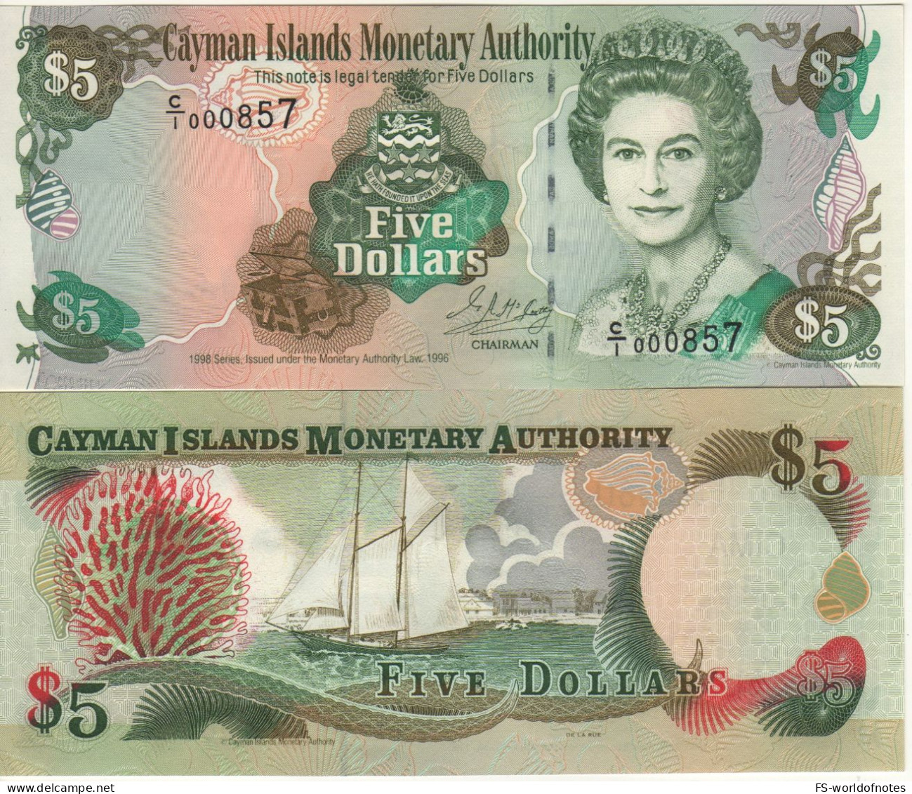 CAYMAN 5 Dollars  P22a  Dated 1998   ( Queen Elizabeth II  - Sail Ship At Back ) - Iles Cayman