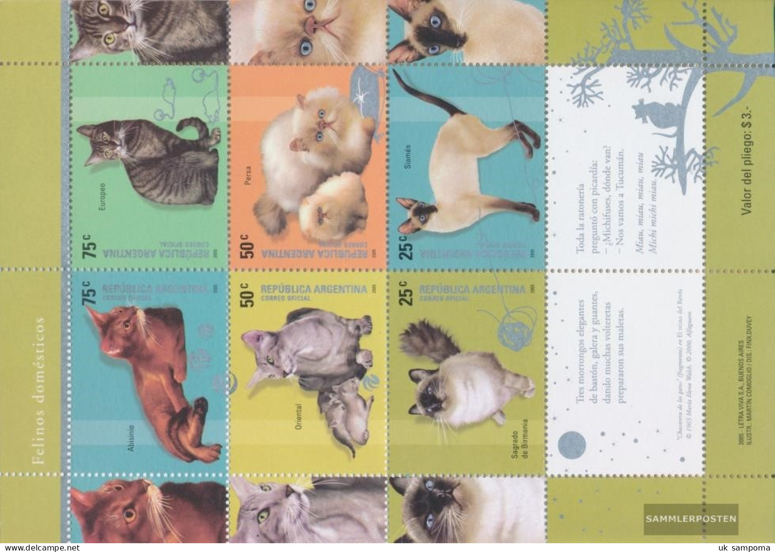 Argentina 2976-2981 Sheetlet (complete Issue) Unmounted Mint / Never Hinged 2005 Cats - Unused Stamps