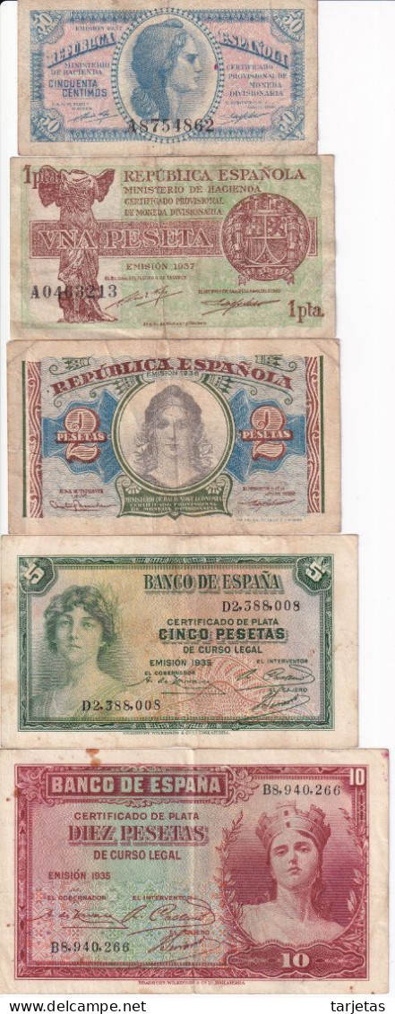 LOTE DE 5 BILLETES DIFERENTES REPUBLICA ESPAÑOLA 50 CENTIMOS 1-2-5 Y 10 PESETAS AÑOS 1935 A 1938 - Autres & Non Classés