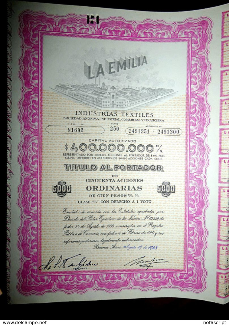 La Emilia, Industrias Textiles,Buenos Aires ,Argentina 1963, Share Certificate - Textil