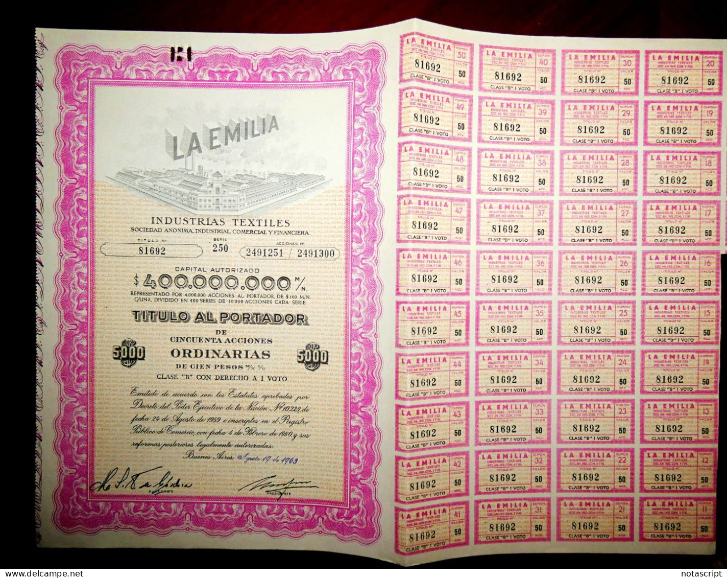 La Emilia, Industrias Textiles,Buenos Aires ,Argentina 1963, Share Certificate - Textile