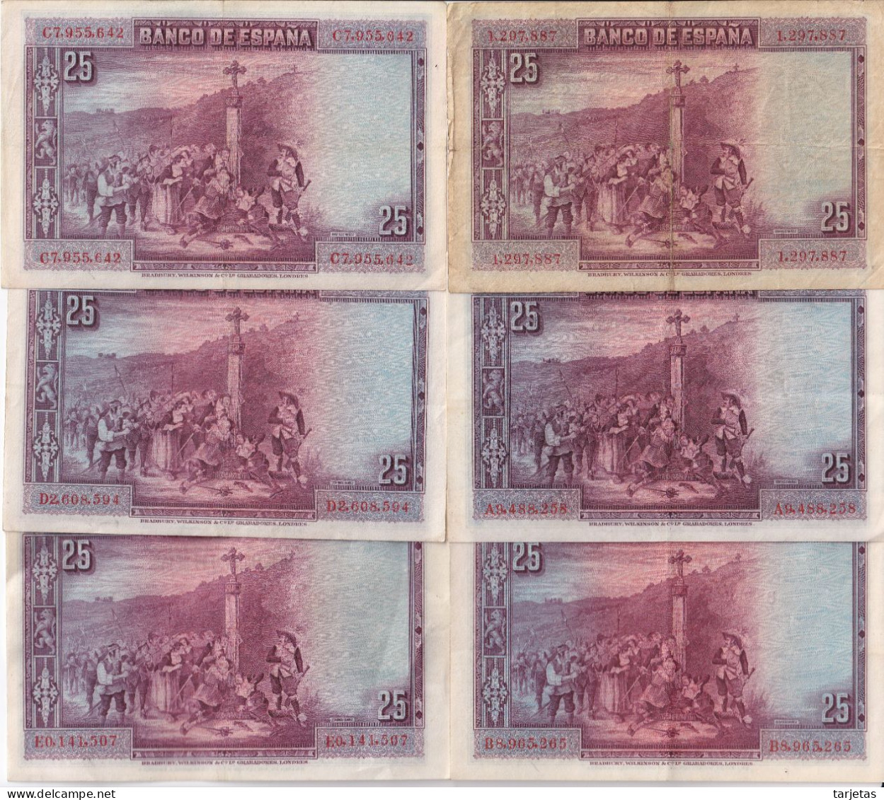 SERIE COMPLETA DE 6 BILLETES DE 25 PESETAS DEL AÑO 1928 CON TODAS LAS SERIES: SS-A-B-C-D-E - 1-2-5-25 Pesetas