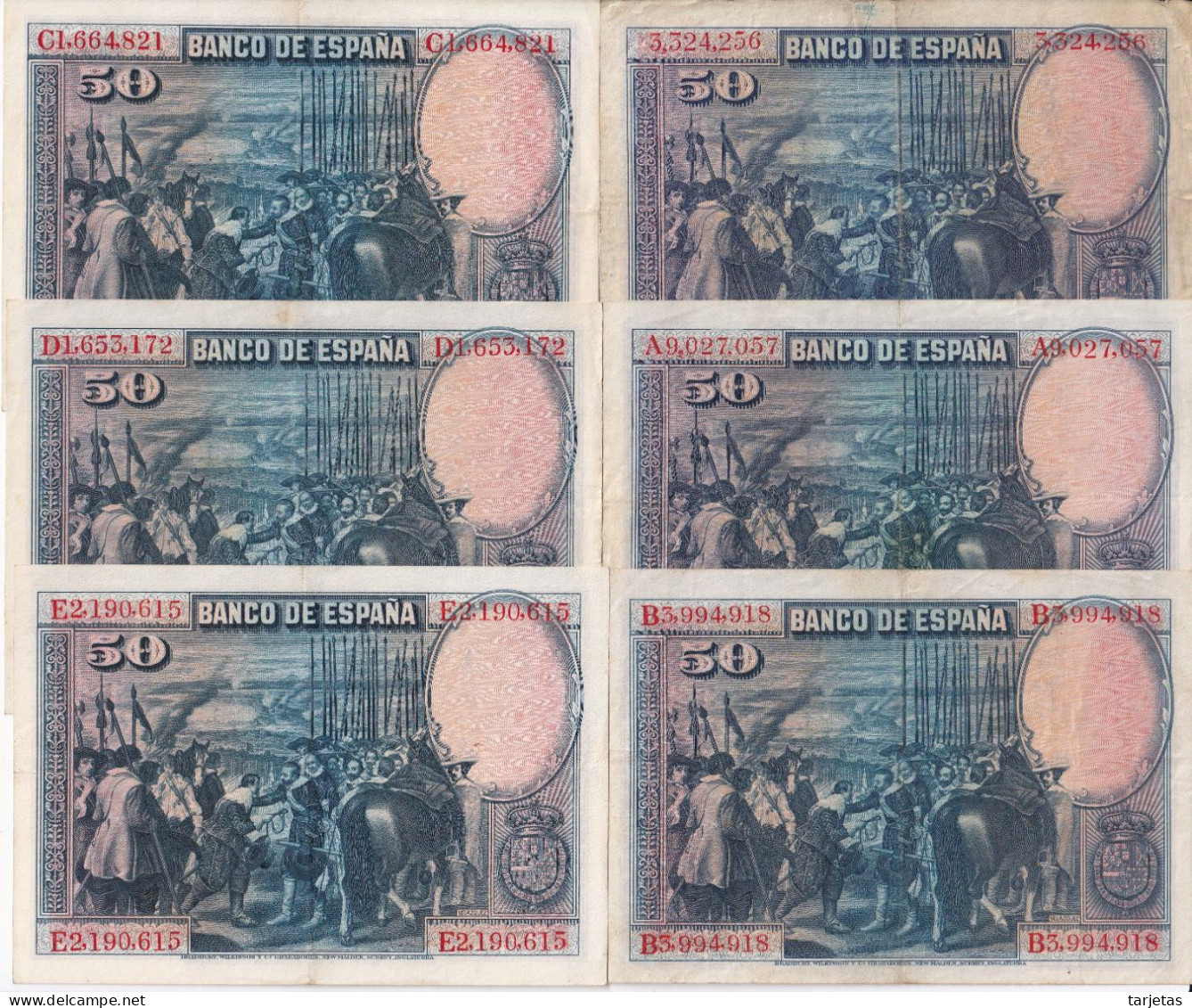 SERIE COMPLETA DE 6 BILLETES DE 50 PESETAS DEL AÑO 1928 CON TODAS LAS SERIES: SS-A-B-C-D-E - 50 Pesetas