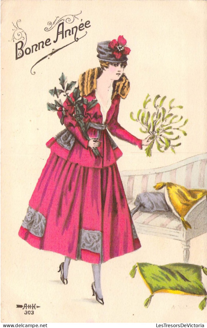 Illustrateur - Bonne Année - Femme En Manteau Qui Porte Du Houx Et Du Guy - Carte Postale Ancienne - Unclassified