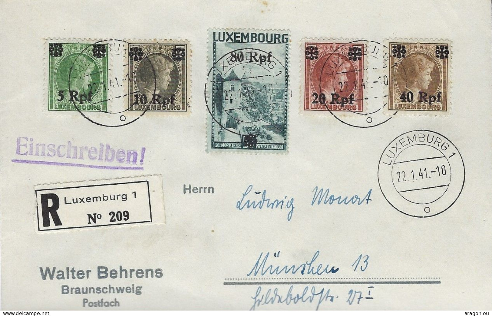 Luxembourg - Luxemburg - Lettre Recommandé  1941  Occupation 2ième Guerre Mondiale - 1940-1944 German Occupation