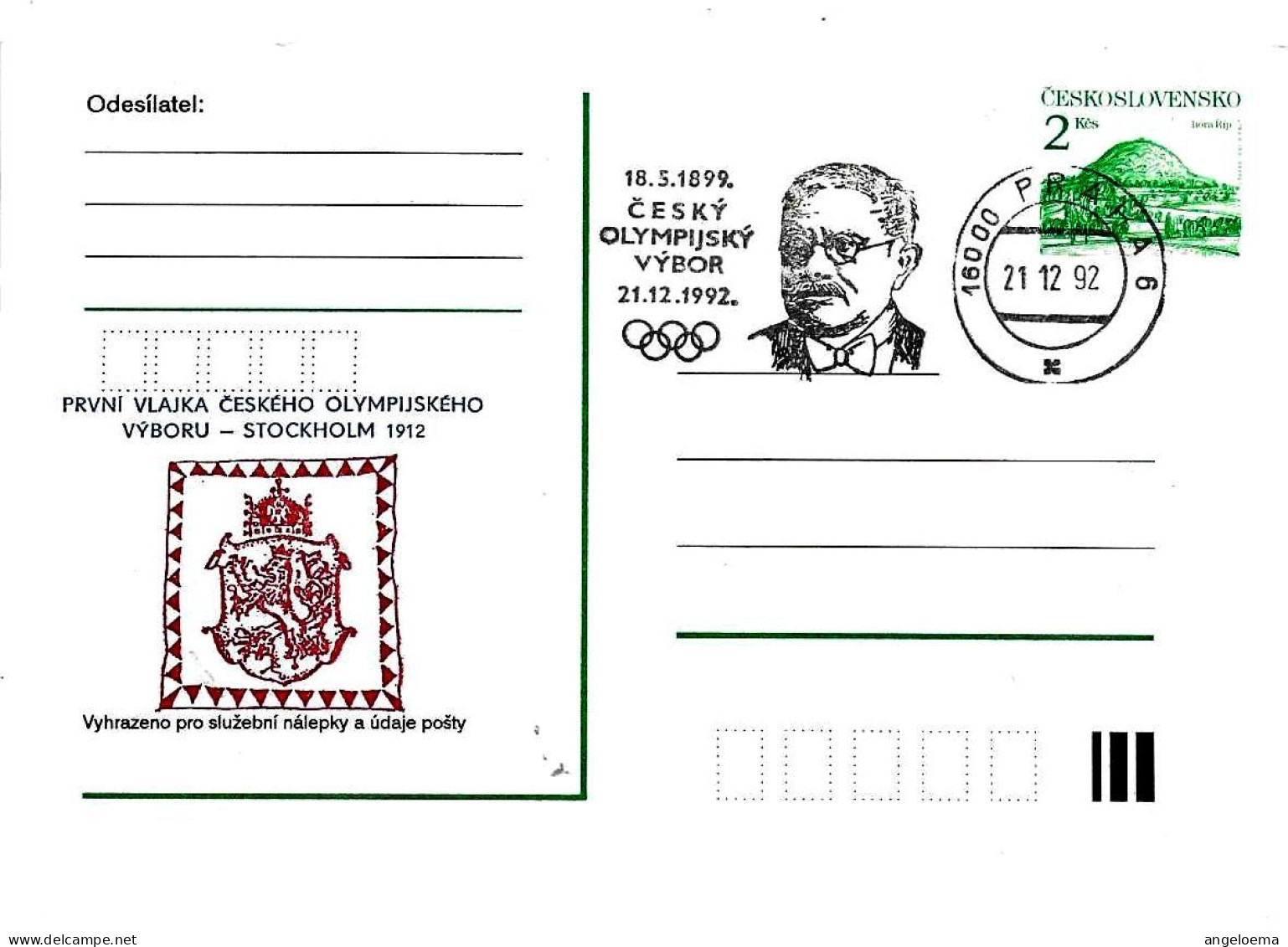 CECOSLOVACCHIA - 1992 PRAHA Primo Presidente Comitato Olimpico Cecoslovacco (cerchi Olimpici) Su Cartolina Postale -4591 - Sommer 1912: Stockholm