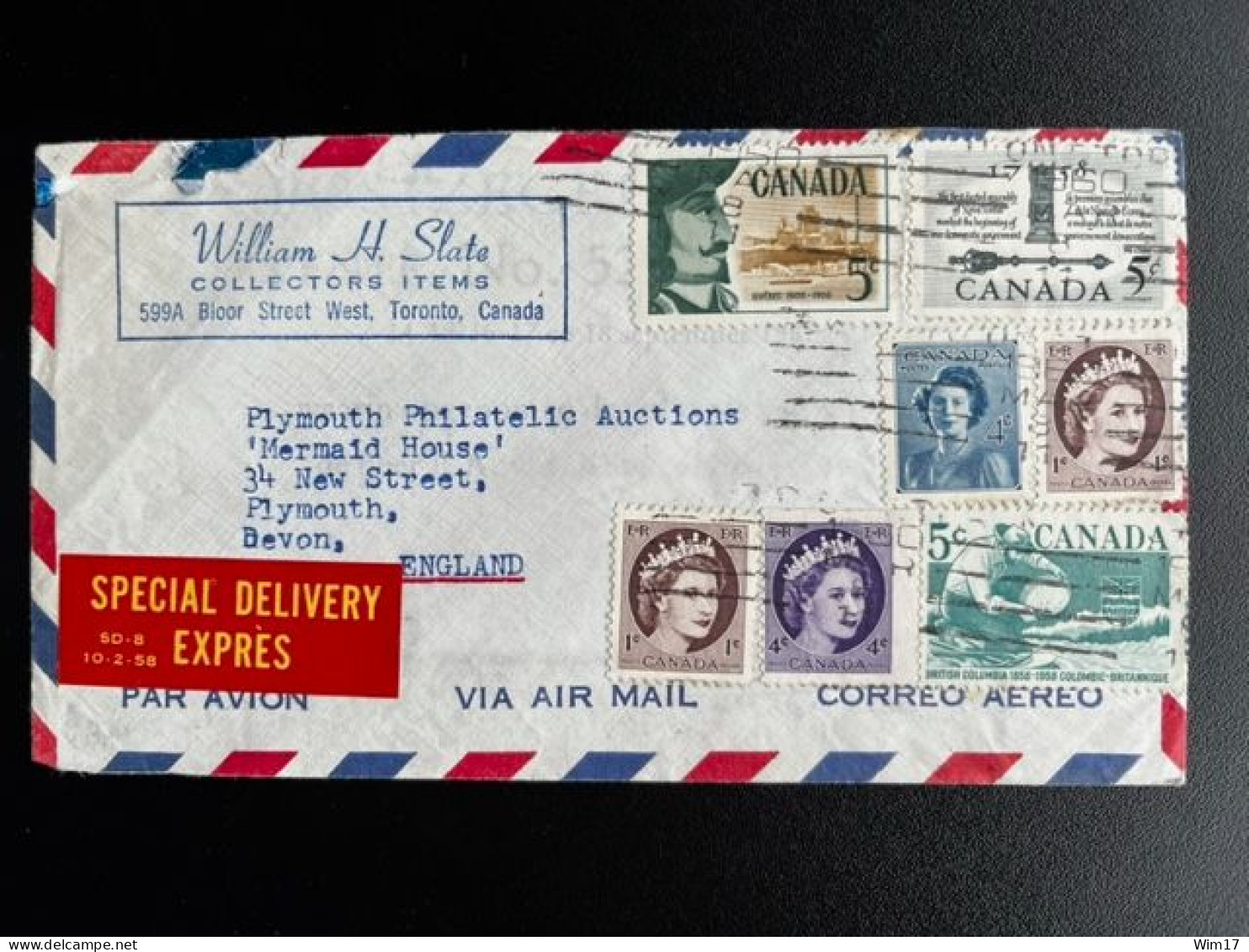 CANADA 1960 SPECIAL DELIVERY EXPRES AIR MAIL LETTER TORONTO TO PLYMOUTH 08-03-1960 - Lettres & Documents