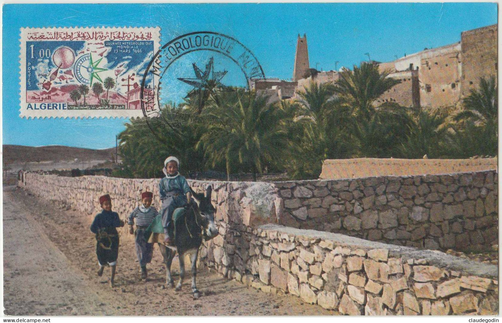 Ghardaïa , Journée Météorologique Mondiale 1966. Timbre Officiel. M'Zab, Scène Pittoresque De Bounoura. CPA Animée - Ghardaia