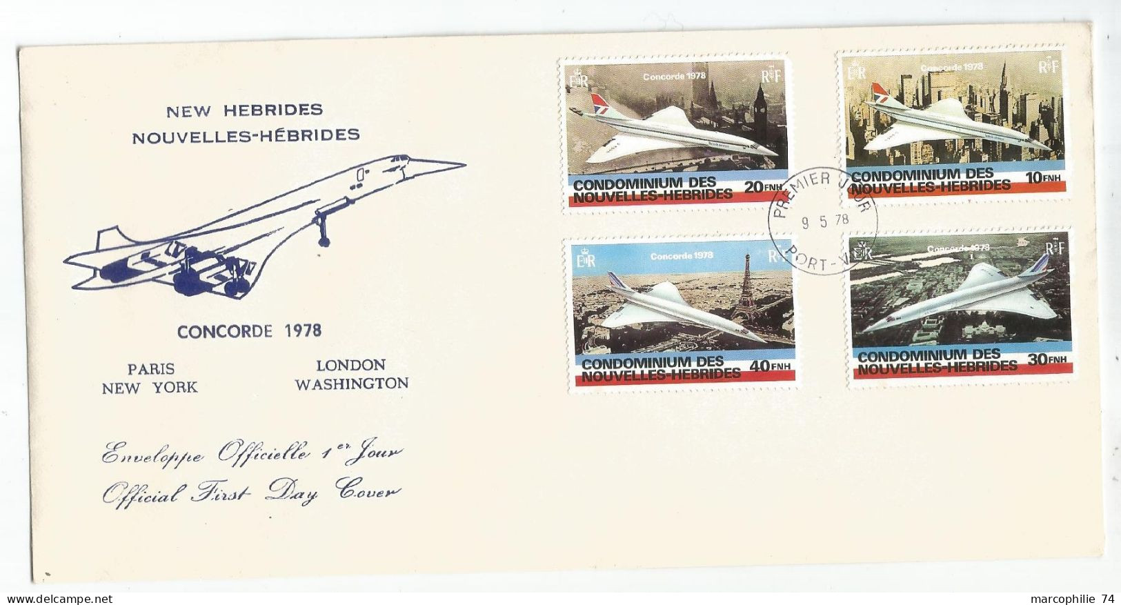 NOUVELLES HEBRIDES CONCORDE 10 FNH A 40 FNH LETTRE COVER FDC 1ER JOUR 9.5.1978 - Covers & Documents