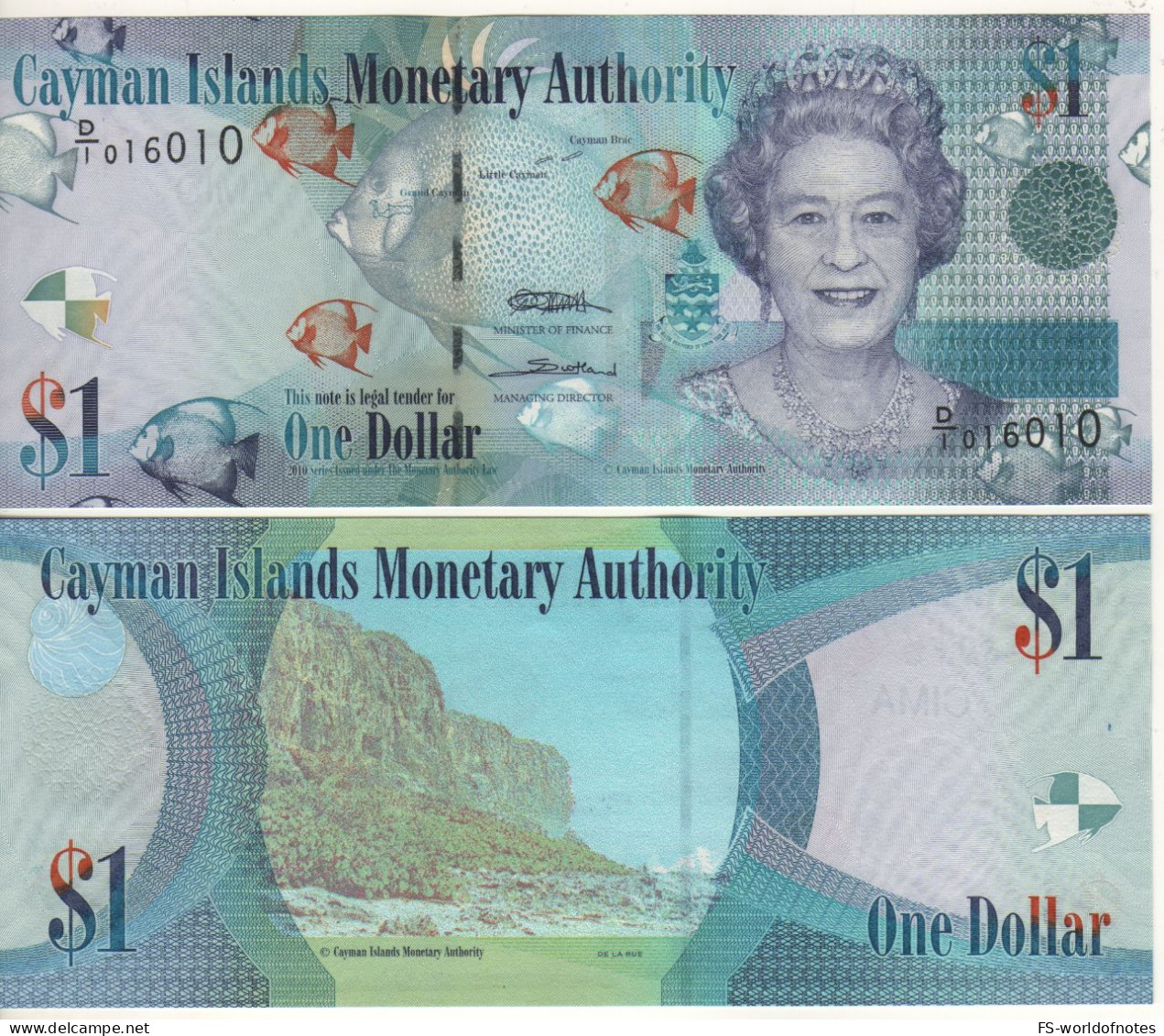 CAYMAN 1 Dollar   P38a    Dated 2010     ( Queen Elizabeth II  -  Rocky Cliff "The Bluff"  At Back ) - Iles Cayman