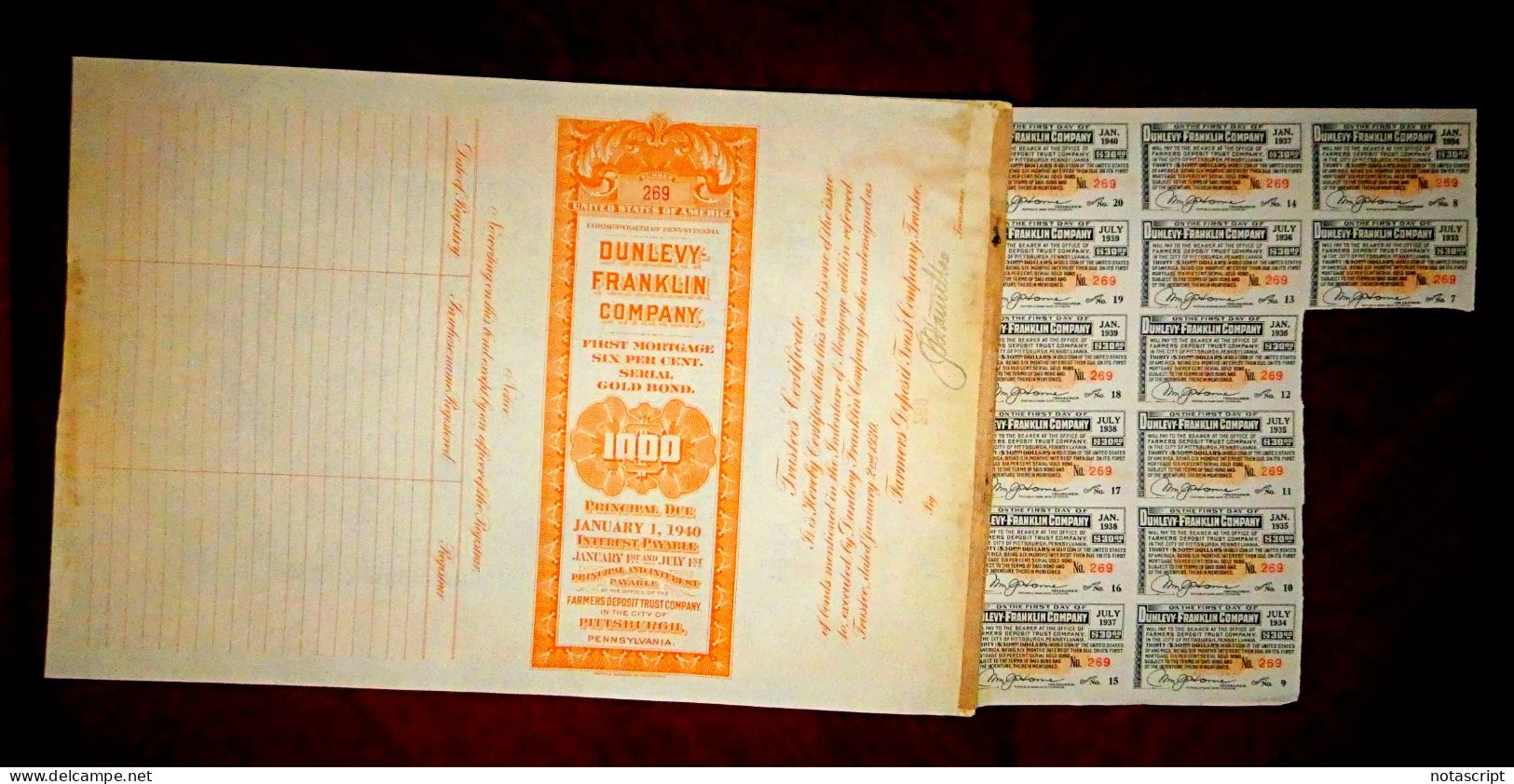 Dunlevy-Franklin Company ,Gold Bond $ 1000  1930. Pittsburgh (Pensilvania). - Industrie