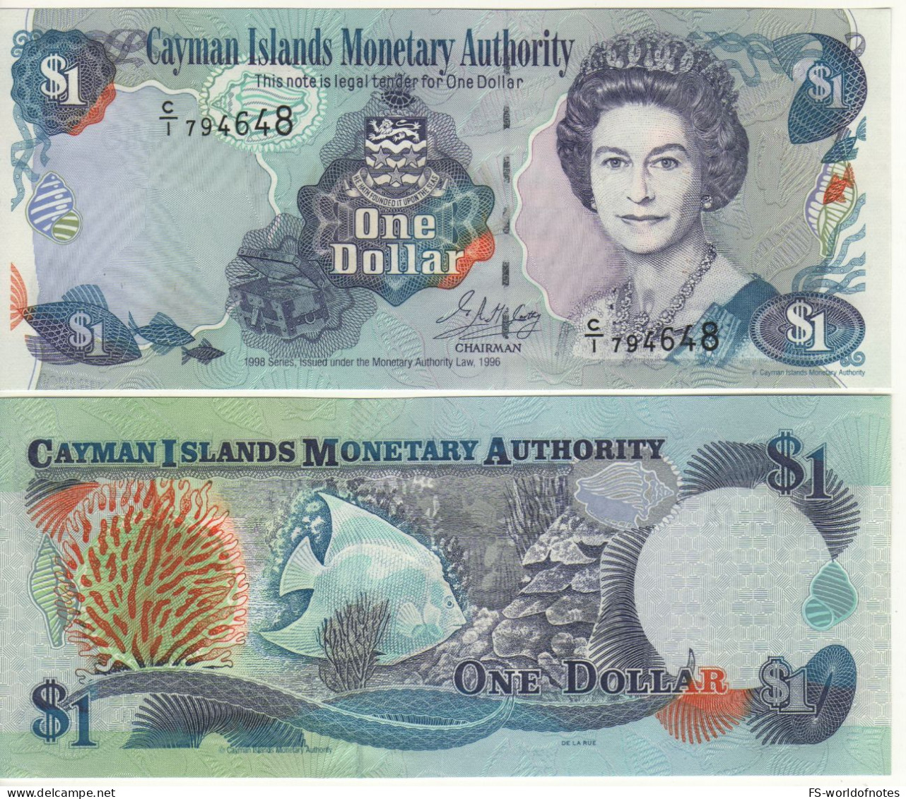 CAYMAN 1 Dollar  P21a  Dated  1998   " Queen Elizabeth II  +  Fish, Coral At Back " - Kaimaninseln