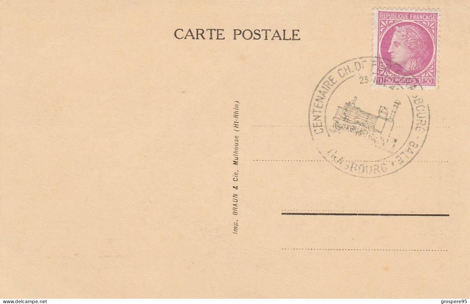 CENTENAIRE DU CHEMIN DE FER STRASBOURG BALE 1846 1946 TIMBRE RARE - Autres & Non Classés