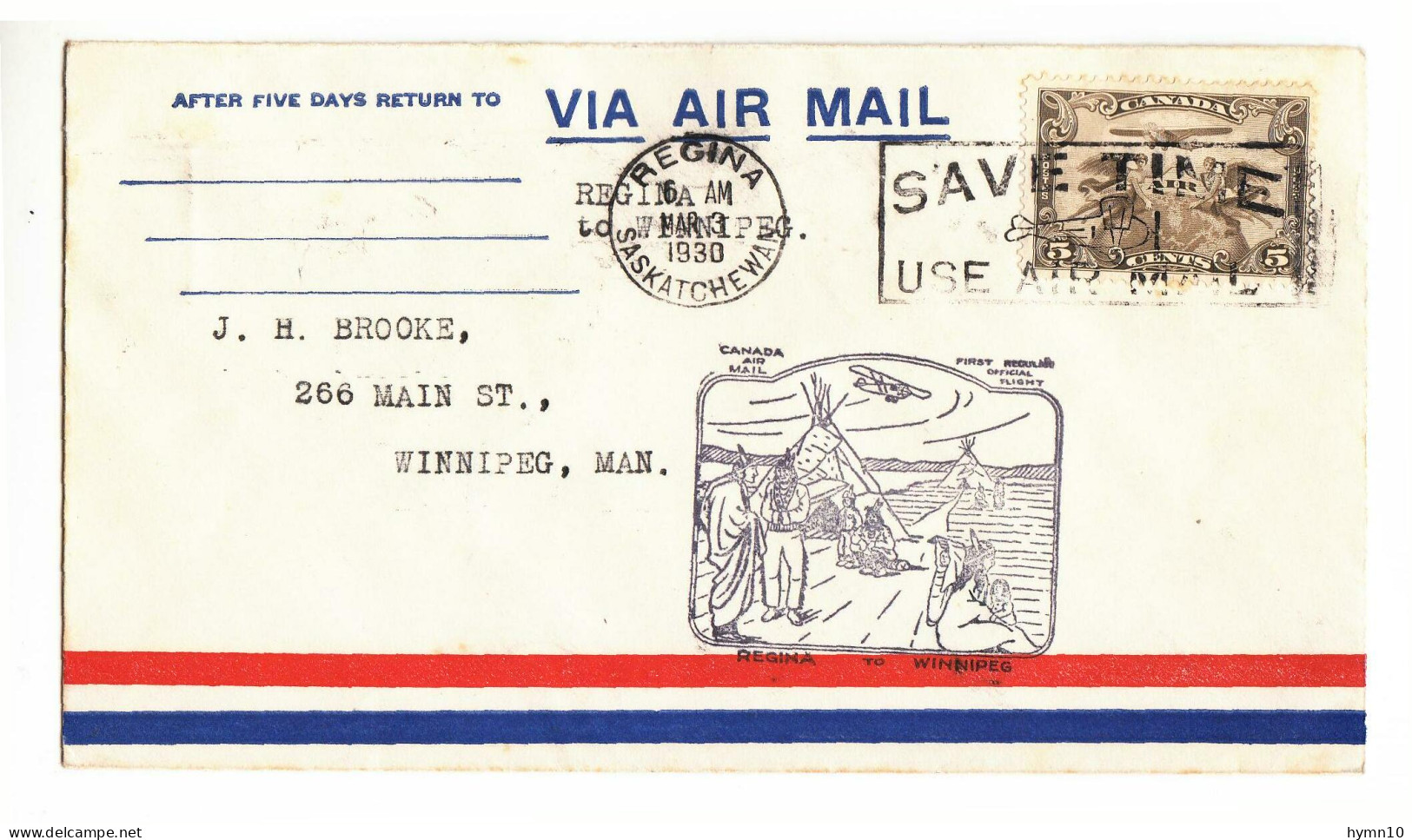 1930 CANADA Lot 5 AIR MAIL Covers+1°FLIGHT+NATIVES Cancel-F258 - Brieven En Documenten