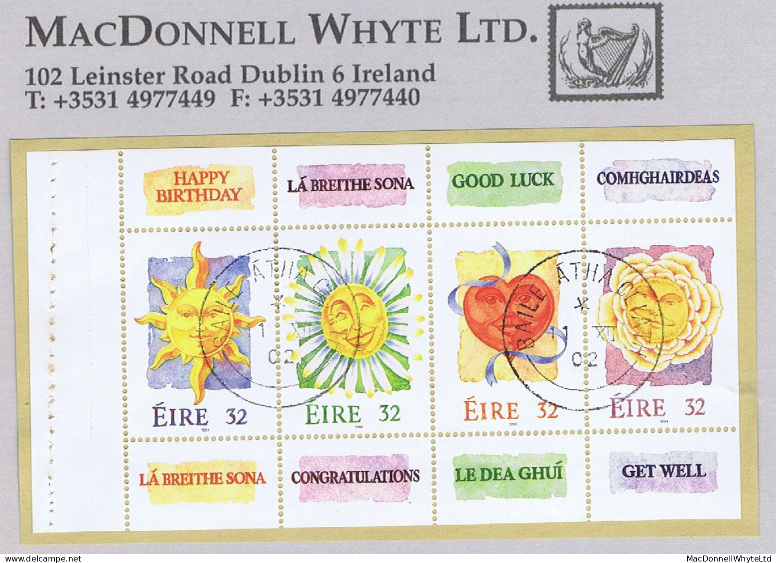 Ireland Greetings 1994 Se-tenant 30p X 4 Booklet Pane Fine Used Cds On Piece - Usados