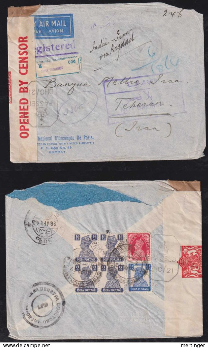 India 1942 Triple Censor Registered Airmail Cover BOMBY Stock Exchange X THERAN Iran Via Bagdad - 1936-47 Koning George VI