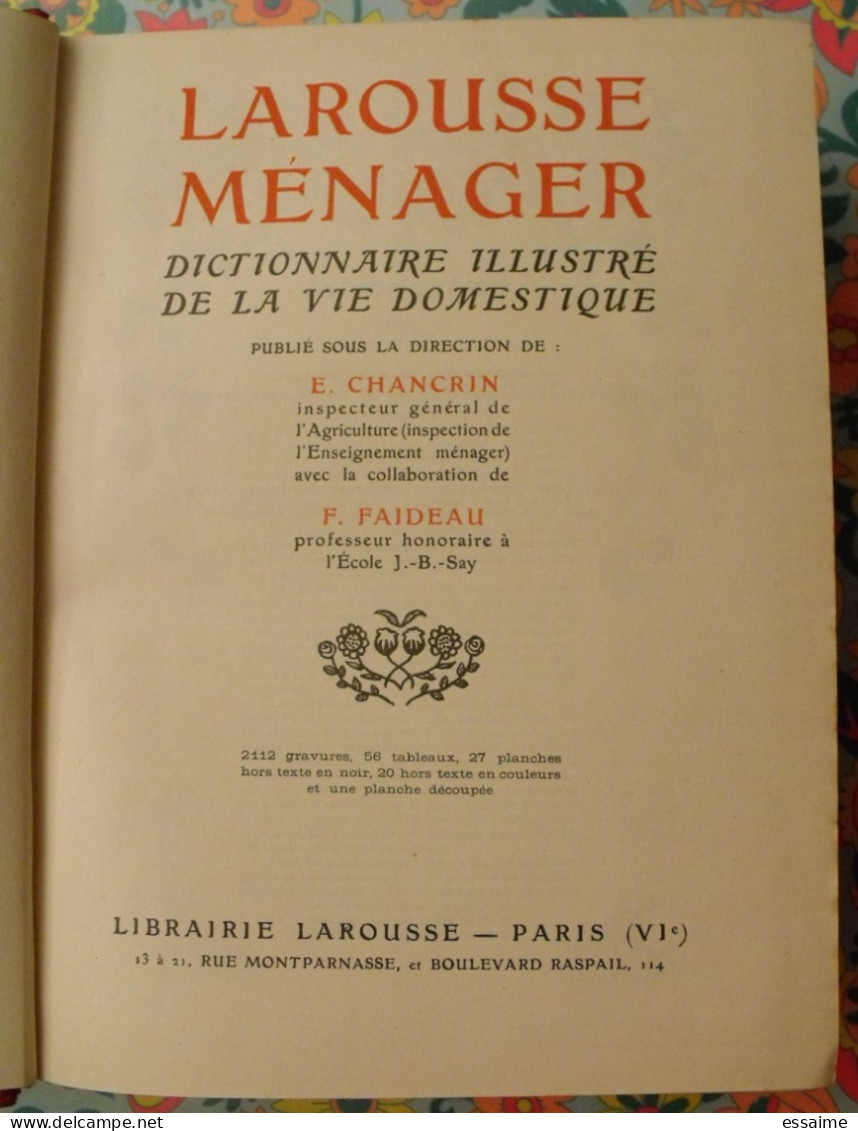 Larousse Ménager Illustré. Dictionnaire De La Vie Domestique. Chancrin, Faideau. 1937. édition Luxe Rouge - Dictionnaires