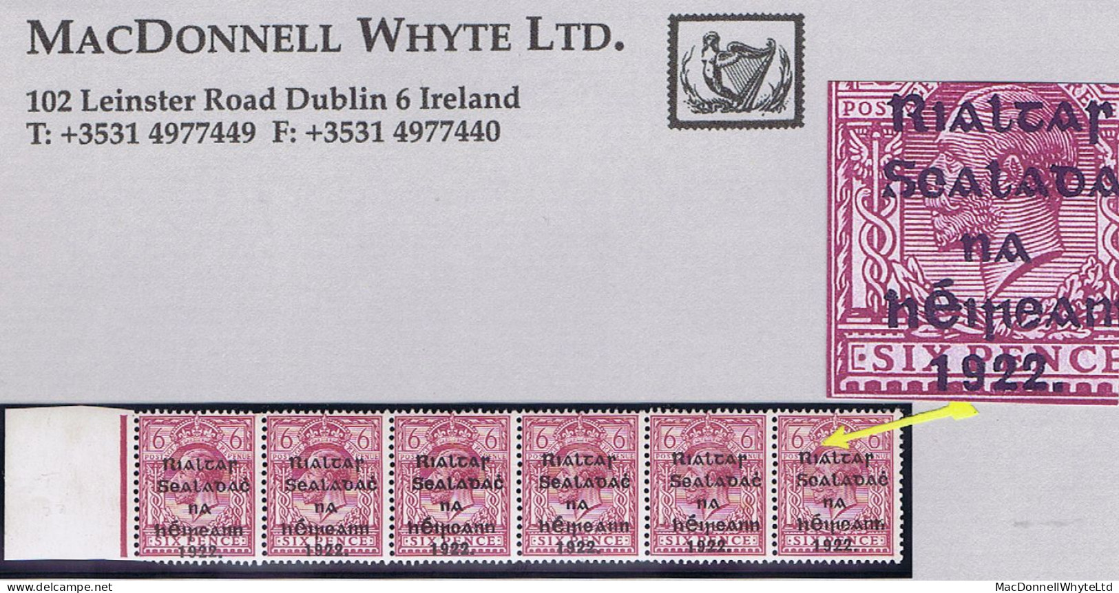 Ireland Thom Rialtas (Feb) Overprint On 6d Purple Variety 'R Over Se" Strip Of 6 - Ungebraucht