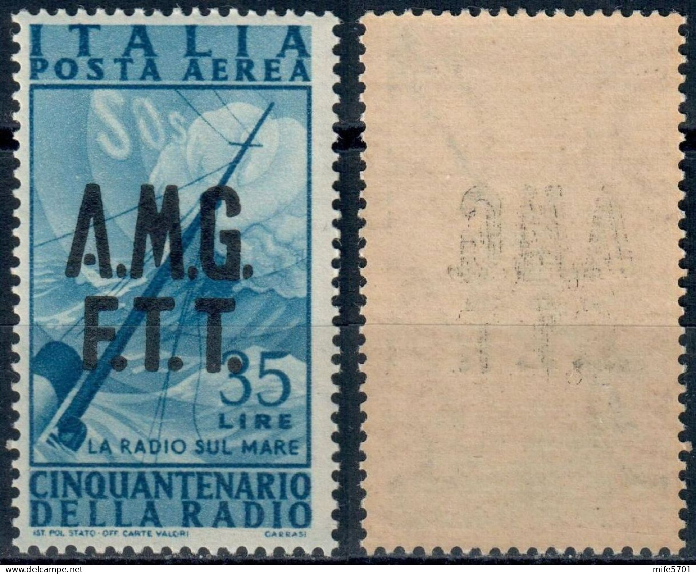 AMG-FTT 1947 POSTA AEREA L. 35 CINQUANTENARIO INVENZIONE DELLA RADIO SOPRASTAMPATO + DECALCO MNH ** - SASSONE PA11b - Poste Aérienne