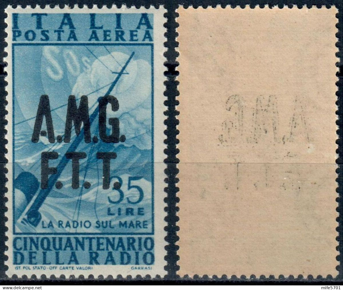 AMG-FTT 1947 POSTA AEREA L. 35 CINQUANTENARIO INVENZIONE DELLA RADIO SOPRASTAMPATO + DECALCO MNH ** - SASSONE PA11b - Posta Aerea