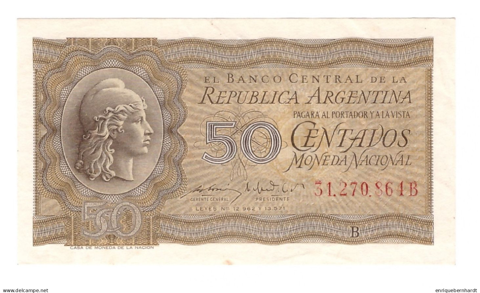 ARGENTINA // 5O CENTAVOS MONEDA NACIONAL - SERIE B - PICK 261a // AÑO 1952 - Argentine