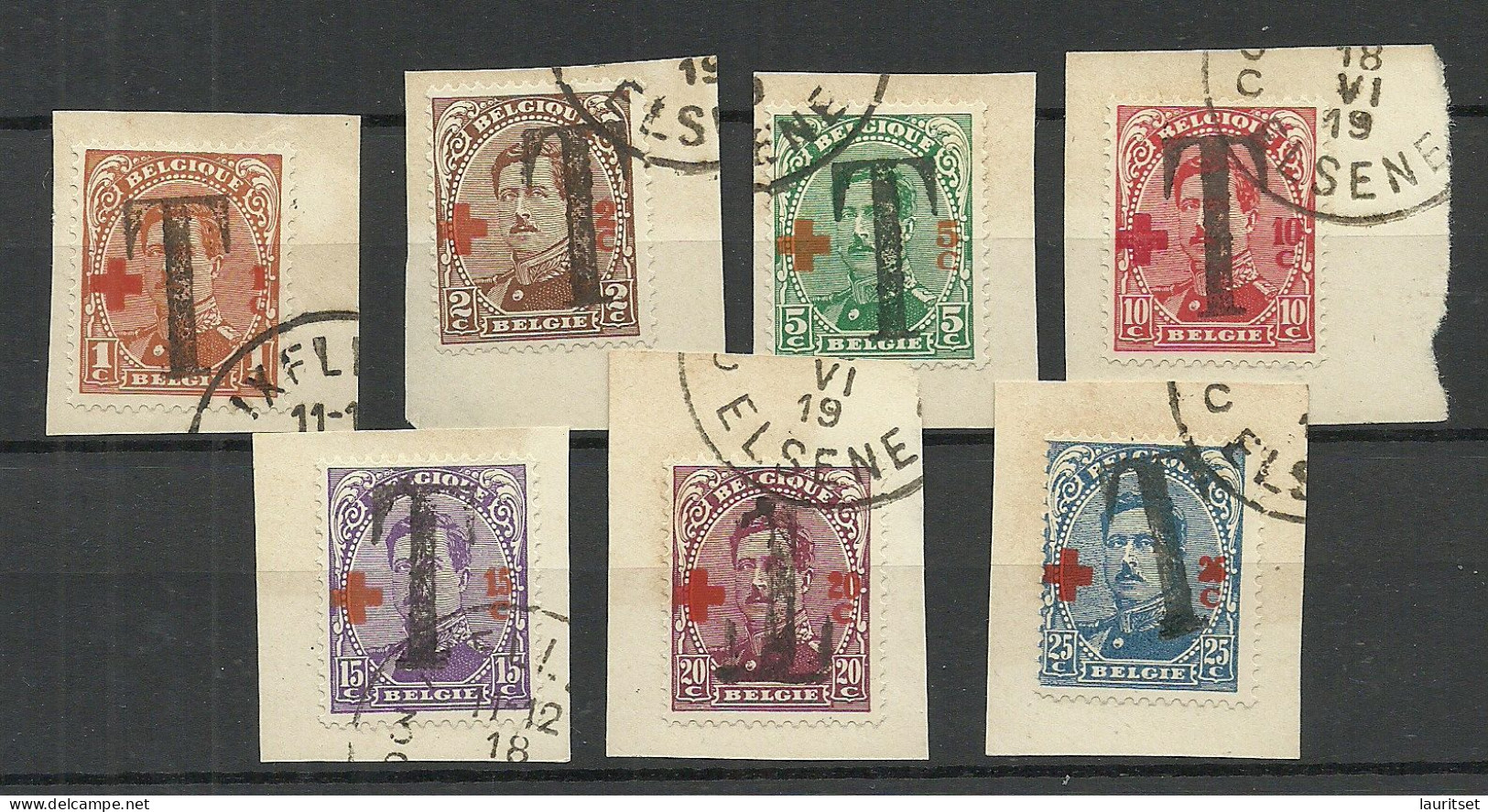 BELGIEN Belgium Belgique 1918 Michel 129 - 135 O Red Cross OPT "T" Taxe? Postage Due? One "T" Is Inverted - 1918 Red Cross