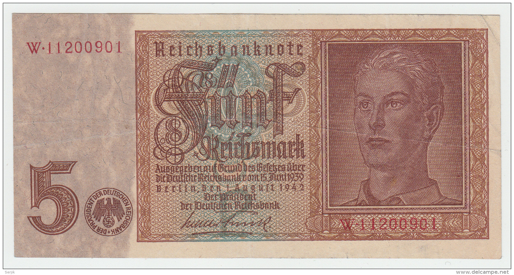 GERMANY NAZI 5 Reichsmark 1942 VF+ Pick 186a 186 A - 5 Reichsmark