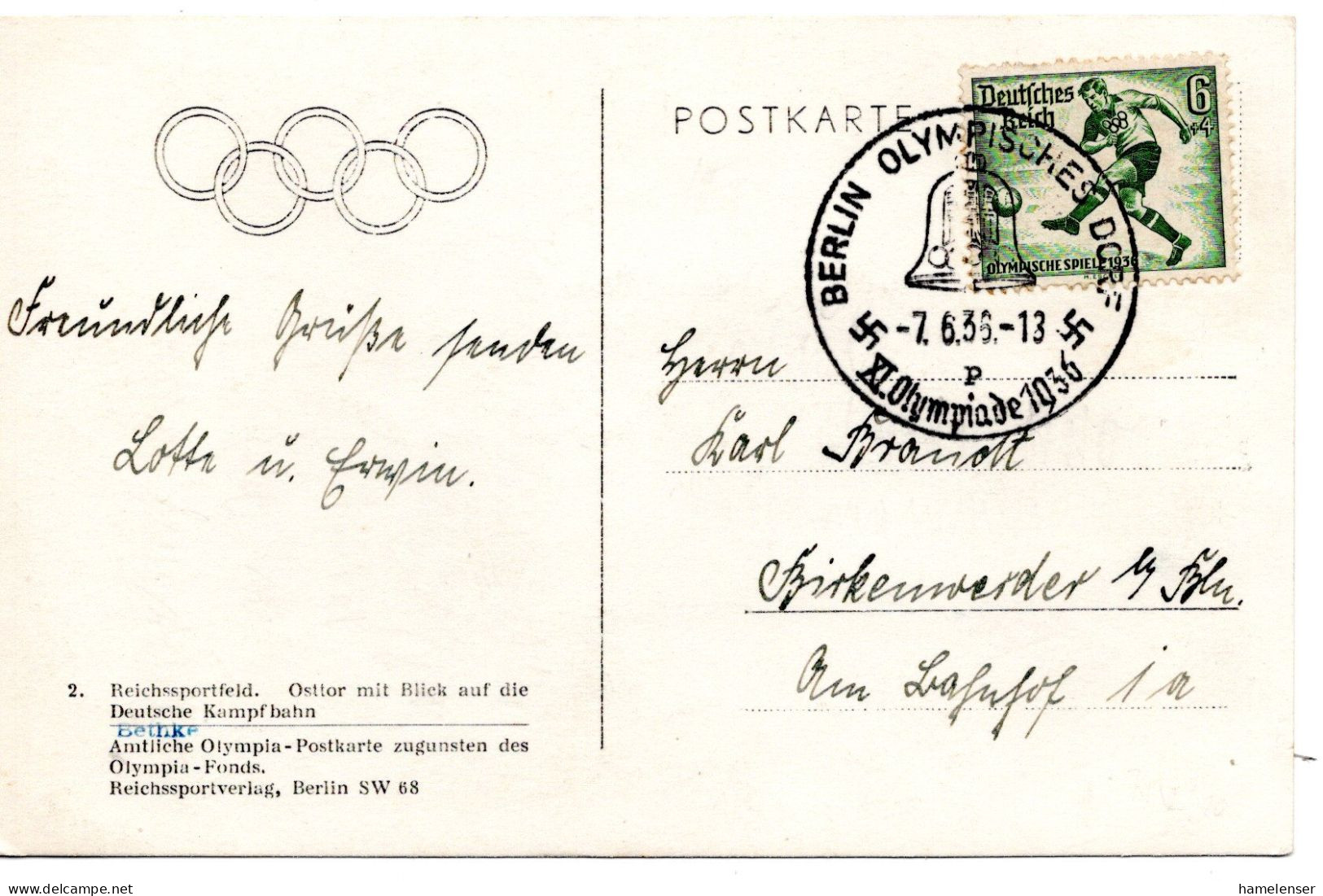 61132 - Deutsches Reich - 1936 - 6Pfg Olympia EF A AnsKte SoStpl BERLIN - OLYMPISCHES DORF ... -> Birkenwerder - Summer 1936: Berlin