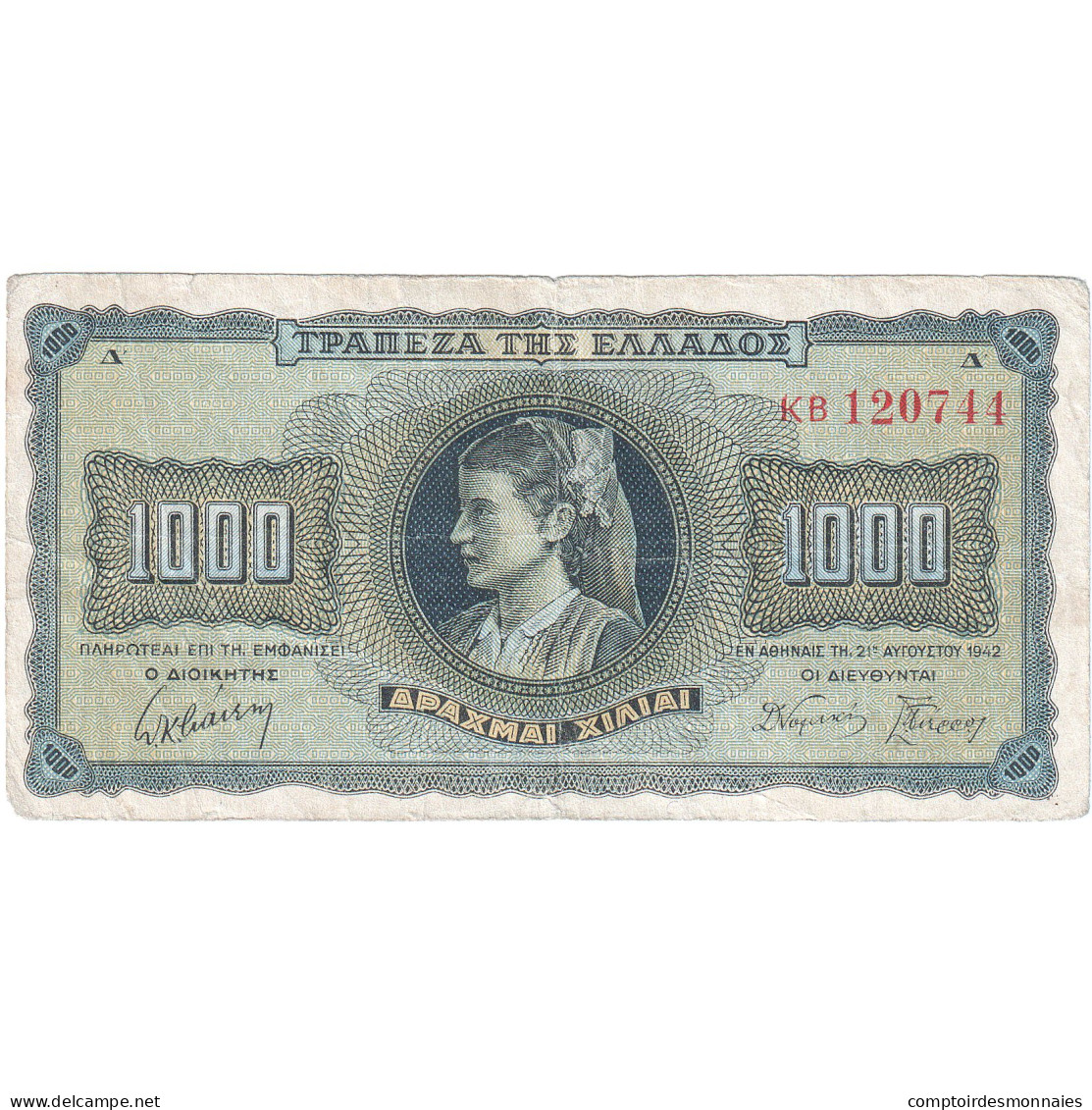 Grèce, 1000 Drachmai, 1942, KM:118a, TB - Grèce