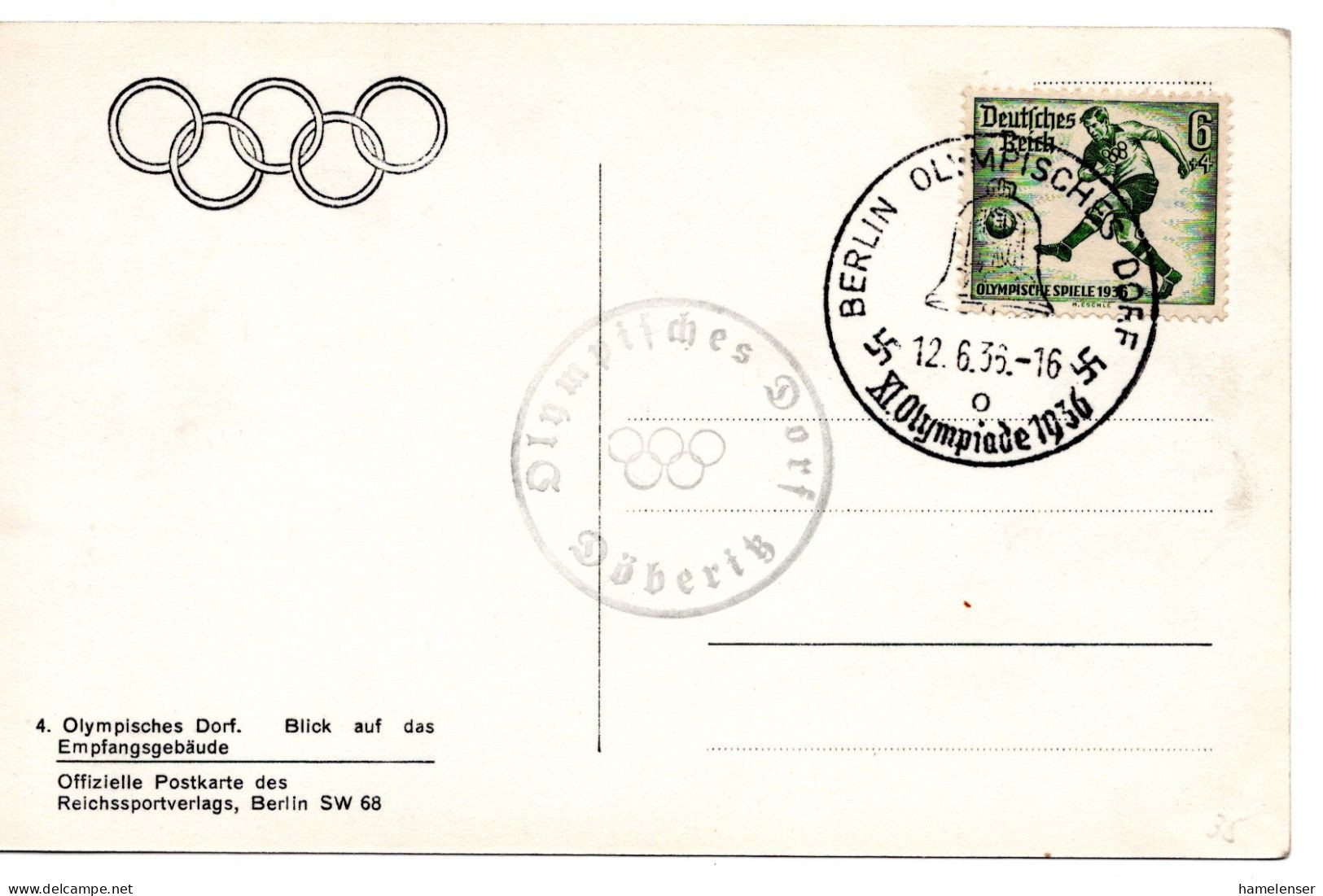 61135 - Deutsches Reich - 1936 - 6Pfg Olympia EF A AnsKte SoStpl BERLIN - OLYMPISCHES DORF, Blanko - Ete 1936: Berlin