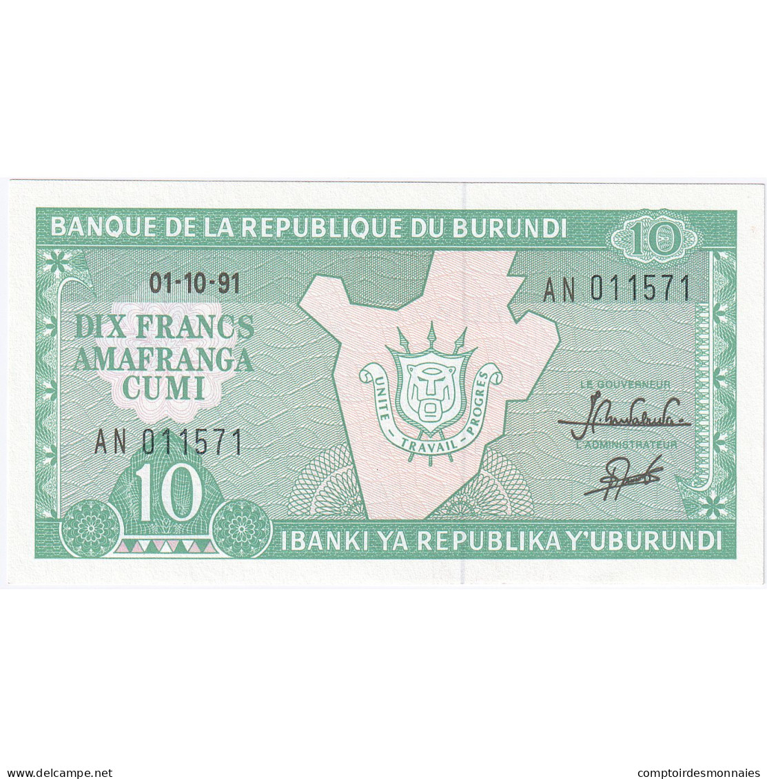 Burundi, 10 Francs, 1989-10-01, KM:33b, NEUF - Burundi