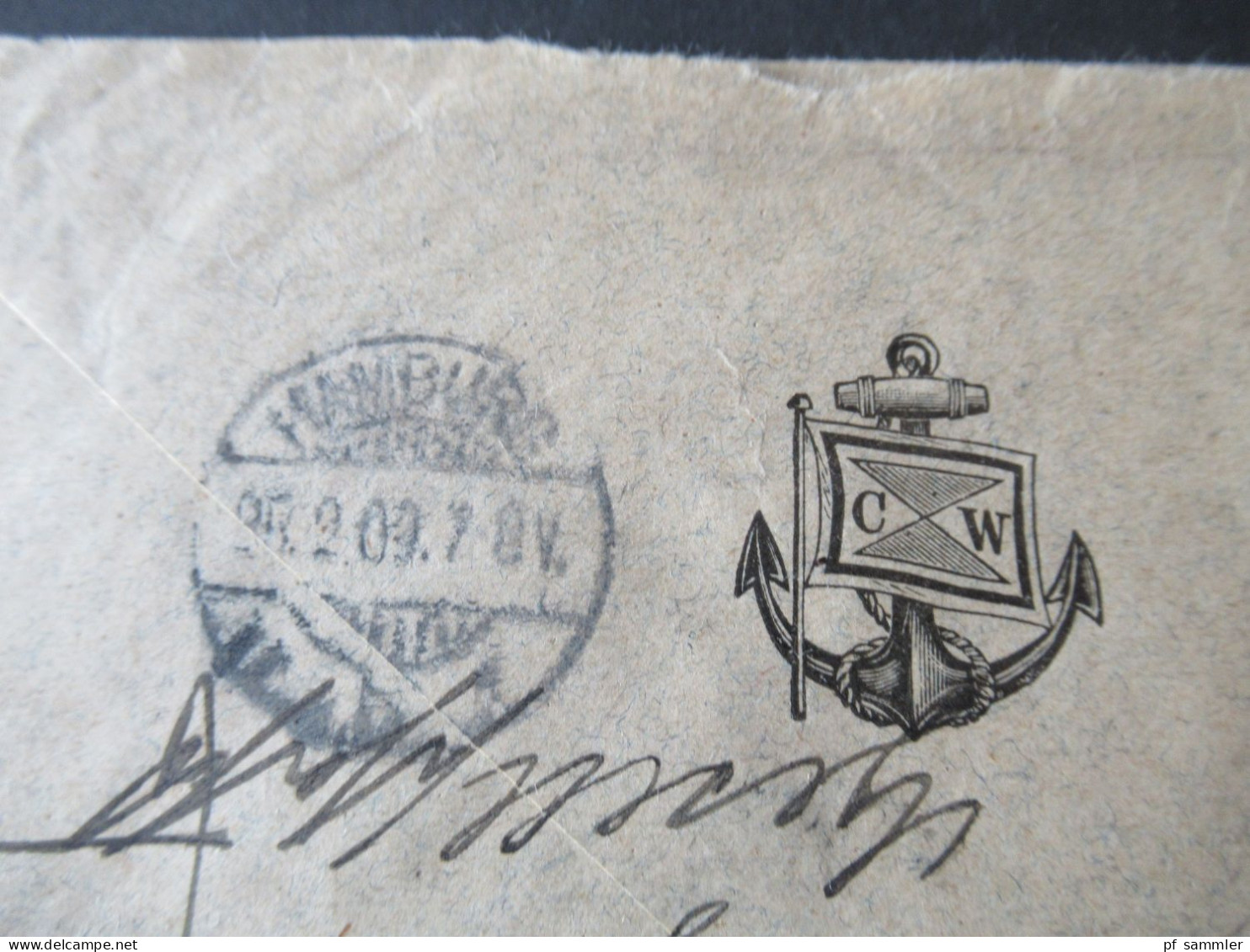 Kolonie Kamerun / DR 1909 Schiffspost Deutsche Seepost Hamburg Westafrika XXXII. Umschlag mit Anker CW / Kanaren Stp.