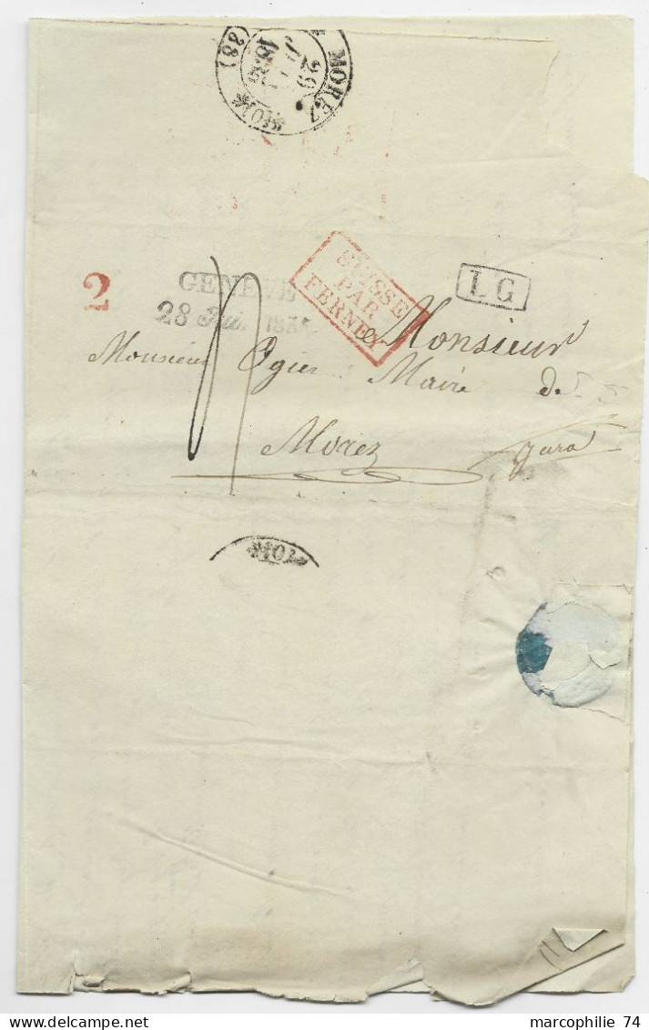 HELVETIA SUISSE MARQUE GENEVE 1835 LETTRE COVER MOREZ JURA + LG + SUISSE PAR FERNEY EN ROUGE - ...-1845 Préphilatélie