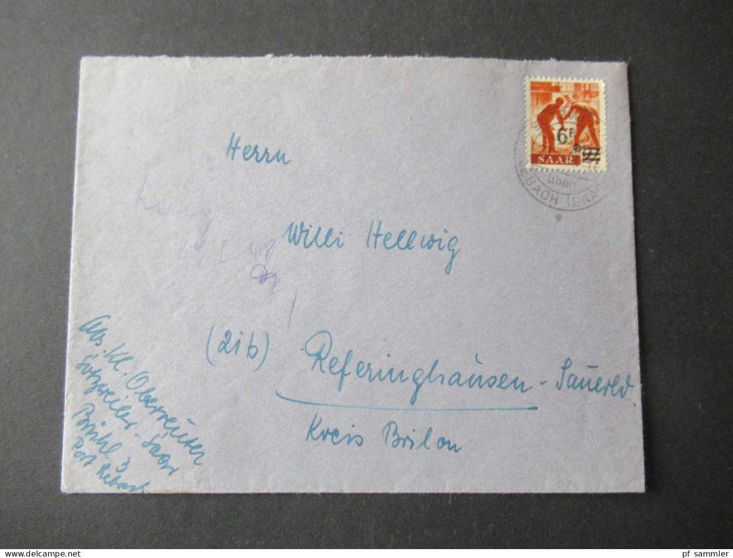 Saarland 1948 Michel Nr.233 EF Stempel Sotzweiler über Lebach (Saar) Nach Referinghausen - Briefe U. Dokumente