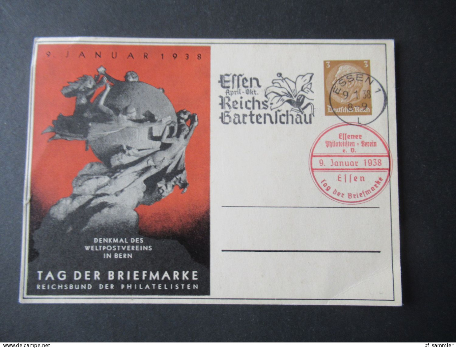 3.Reich 1938 GA Tag Der Briefmarke MS Essen 1 Reichs Gartenschau Und Roter Stp. Essener Philatelisten Verein Tag Der Bri - Postcards