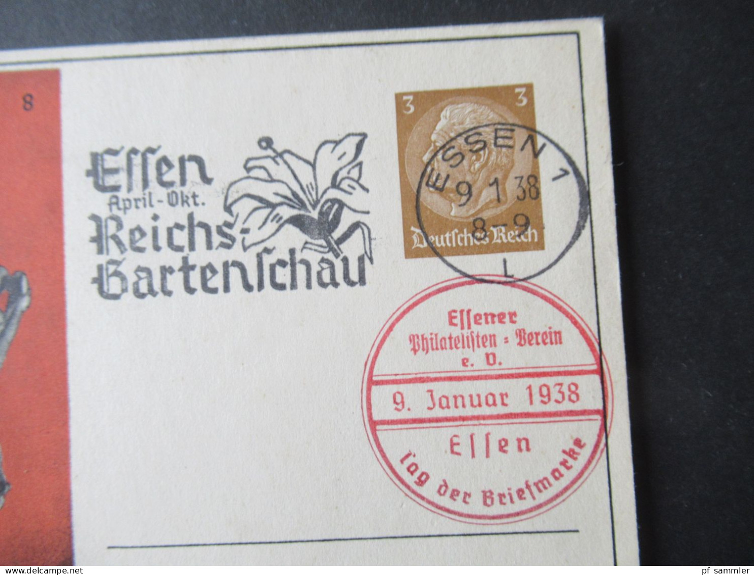 3.Reich 1938 GA Tag Der Briefmarke MS Essen 1 Reichs Gartenschau Und Roter Stp. Essener Philatelisten Verein Tag Der Bri - Cartoline